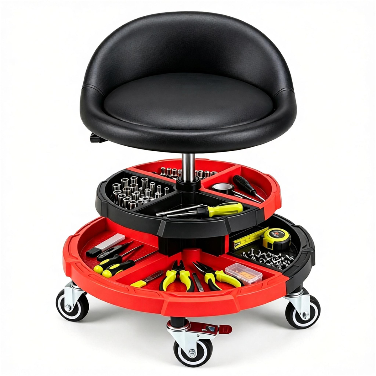 Main product image of Height Adjustable Rolling Mechanic Stool, Backrest, 2 Trays, 330 lb Capacity