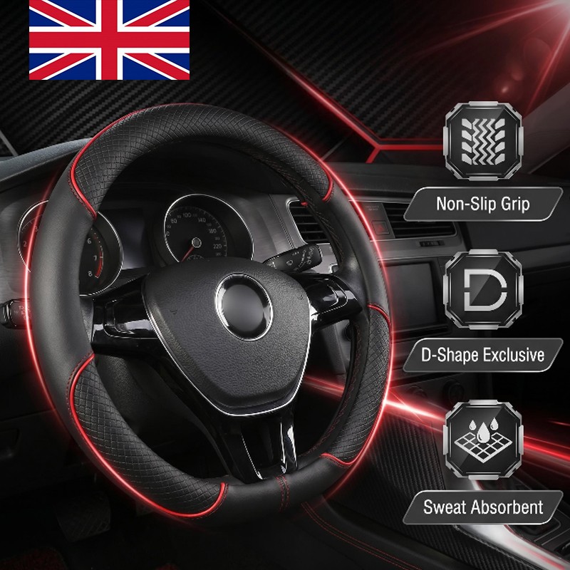 Main product image of 15'' Flat Bottom Car Steering Wheel Cover D-Shaped Leather Non-slip Protector UK