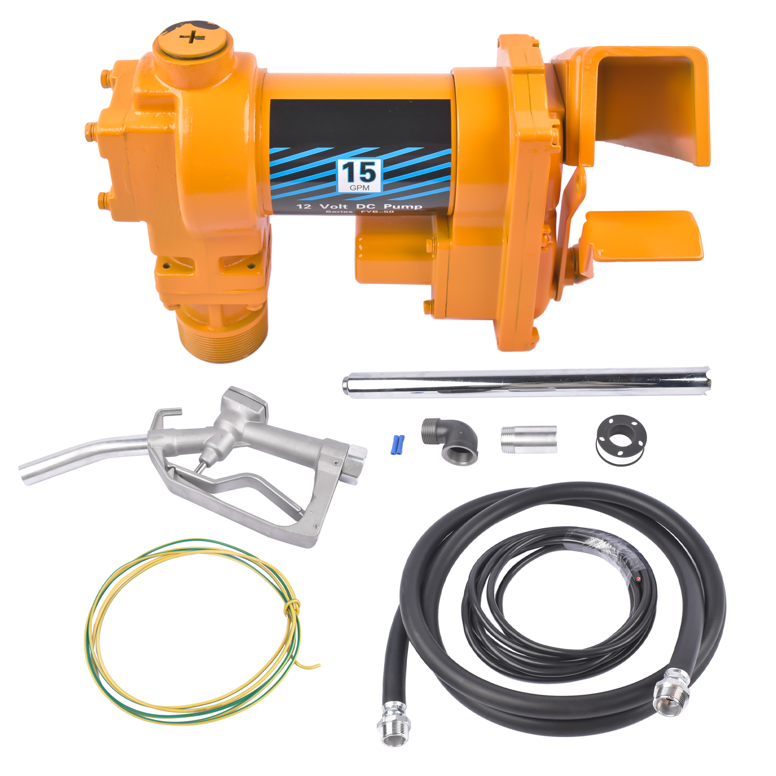 Main product image of 12V 15 GPM Yellow Fuel Transfer Pump + Discharge Hose + Manual Nozzle Kit