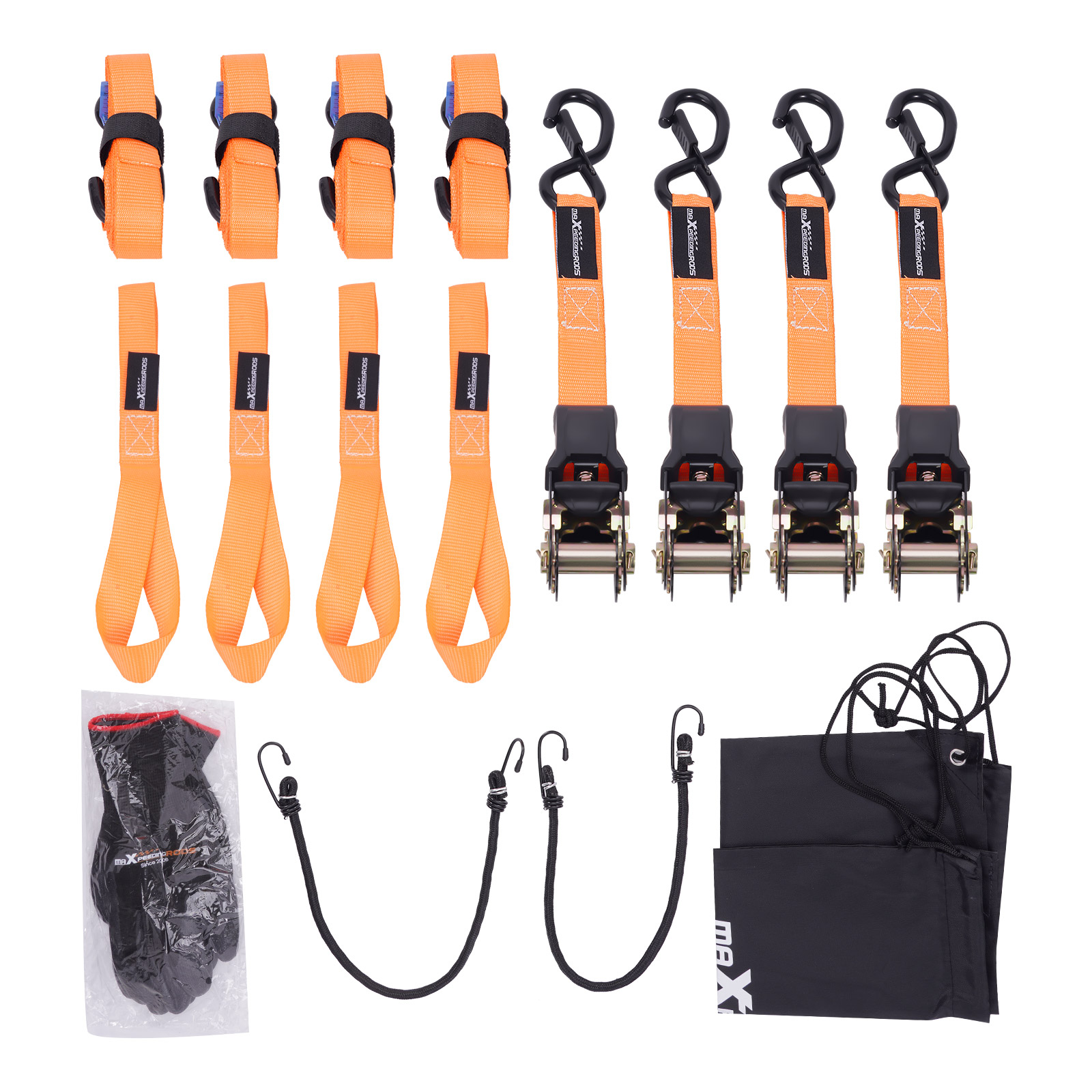 Main product image of S-Hook 15ft Ratchet Tie Down Set 2200 lb 1 inch Safety Clip Motorcycle Orange
