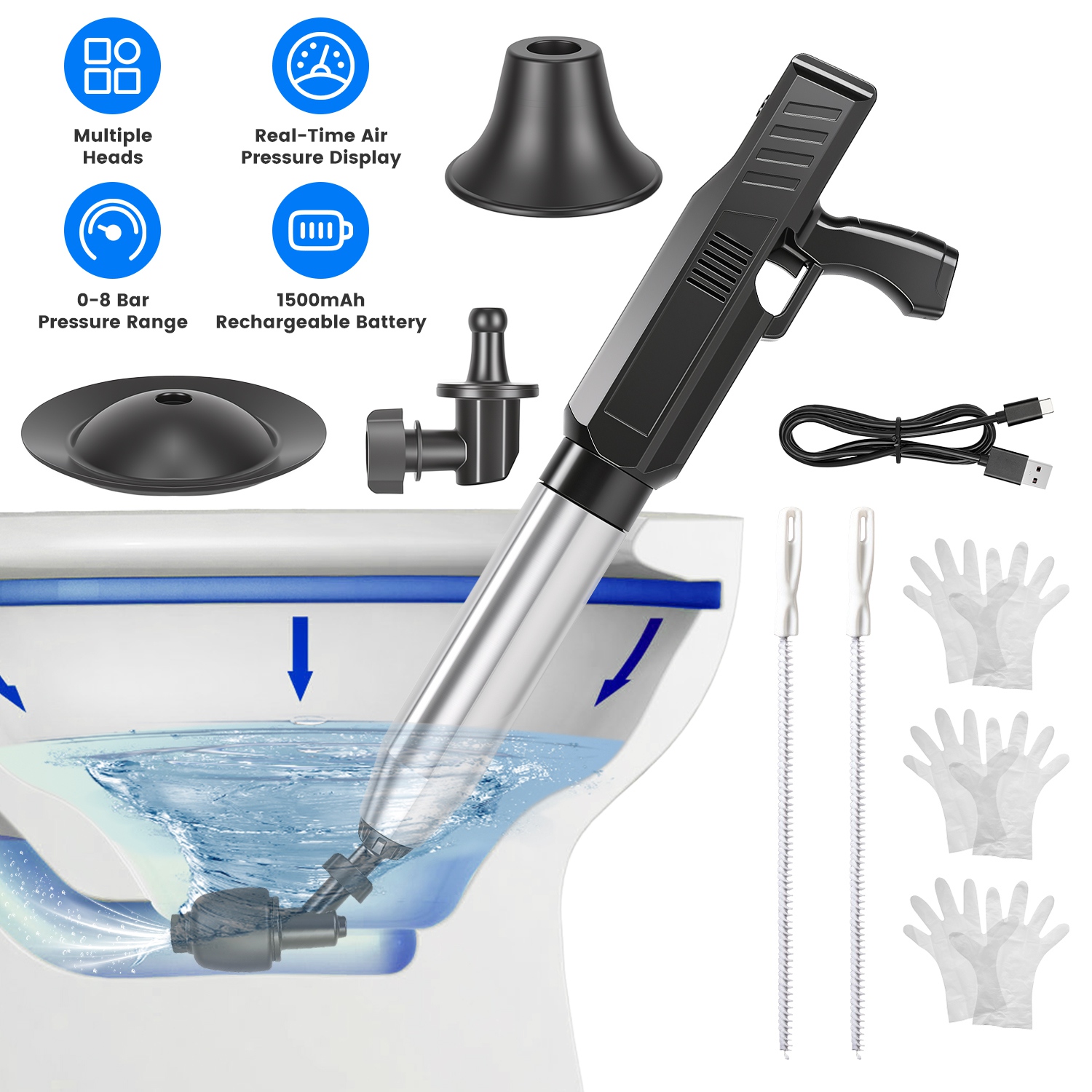 Main product image of Electric High Pressure Air Plunger, 0-120PSI Adjustable Pressure, Cordless Type-C Charging, Multi Heads & Cleaning Kit, Household Pipe Maintenance Tool