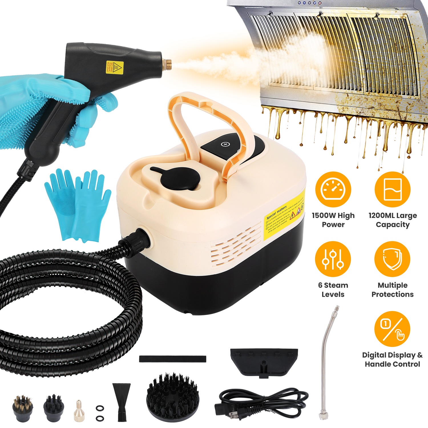 Main product image of 1500W Handheld Steamer Cleaner, 1200mL Tank, 8 Accessories, 6 Steam Levels