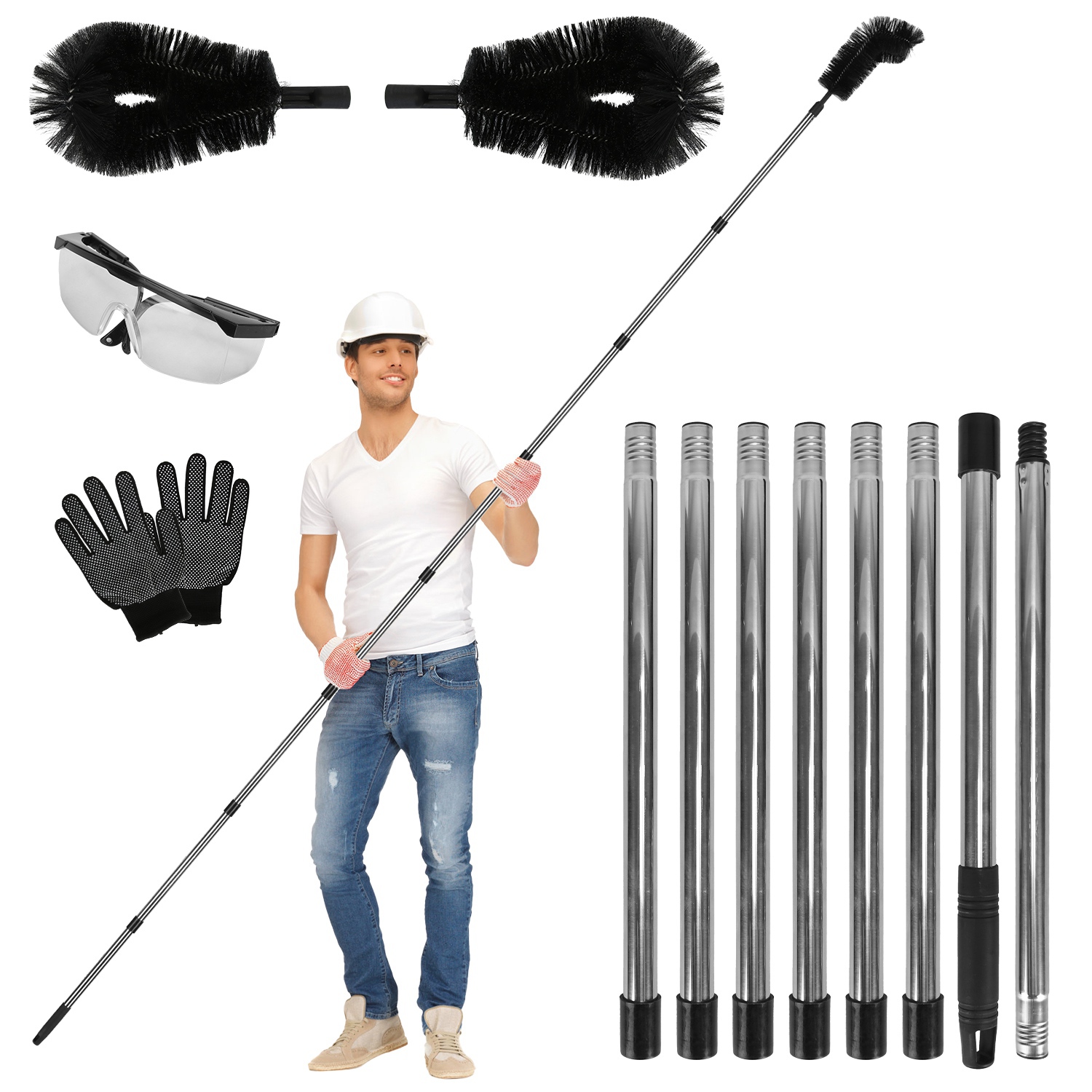 10.5FT Gutter Cleaning Brush With Telescoping Handle Rain Gutter Cleaner Extendable Gutter Cleaning Tool From The Ground With 2 Angled Brushes Anti-slip Gloves Goggles