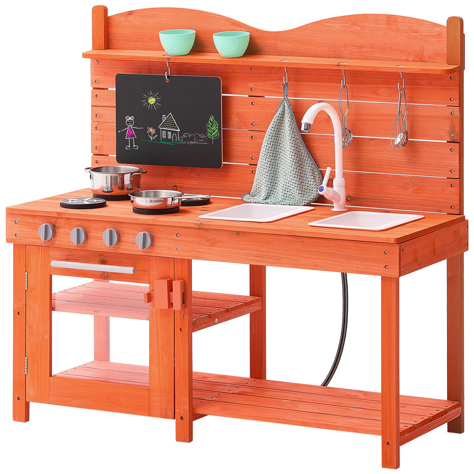 Mud Kitchen For Kids, Wooden Toy Play Kitchen Set, Outdoor Toddler Grocery Store Playset For Boys & Girls, Pretend Play Kitchen With Stoves, Sink, Faucet, Blackboard, Cookware Pots, Accessories