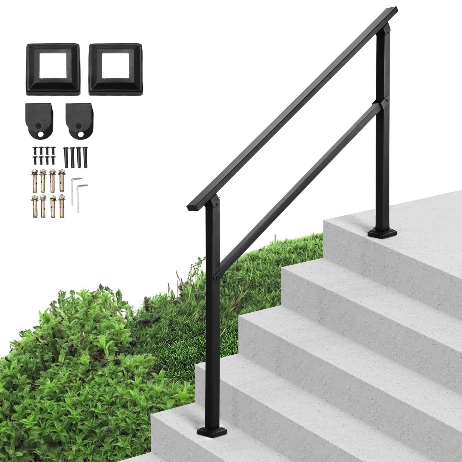 Main product image of Outdoor Handrails For Steps, 4-5 Step Stair Rail Kit, Black Square Tube With Horizontal Bar, Carbon Steel Support Rails For Seniors, Concrete & Deck Stairs, Easy Installation