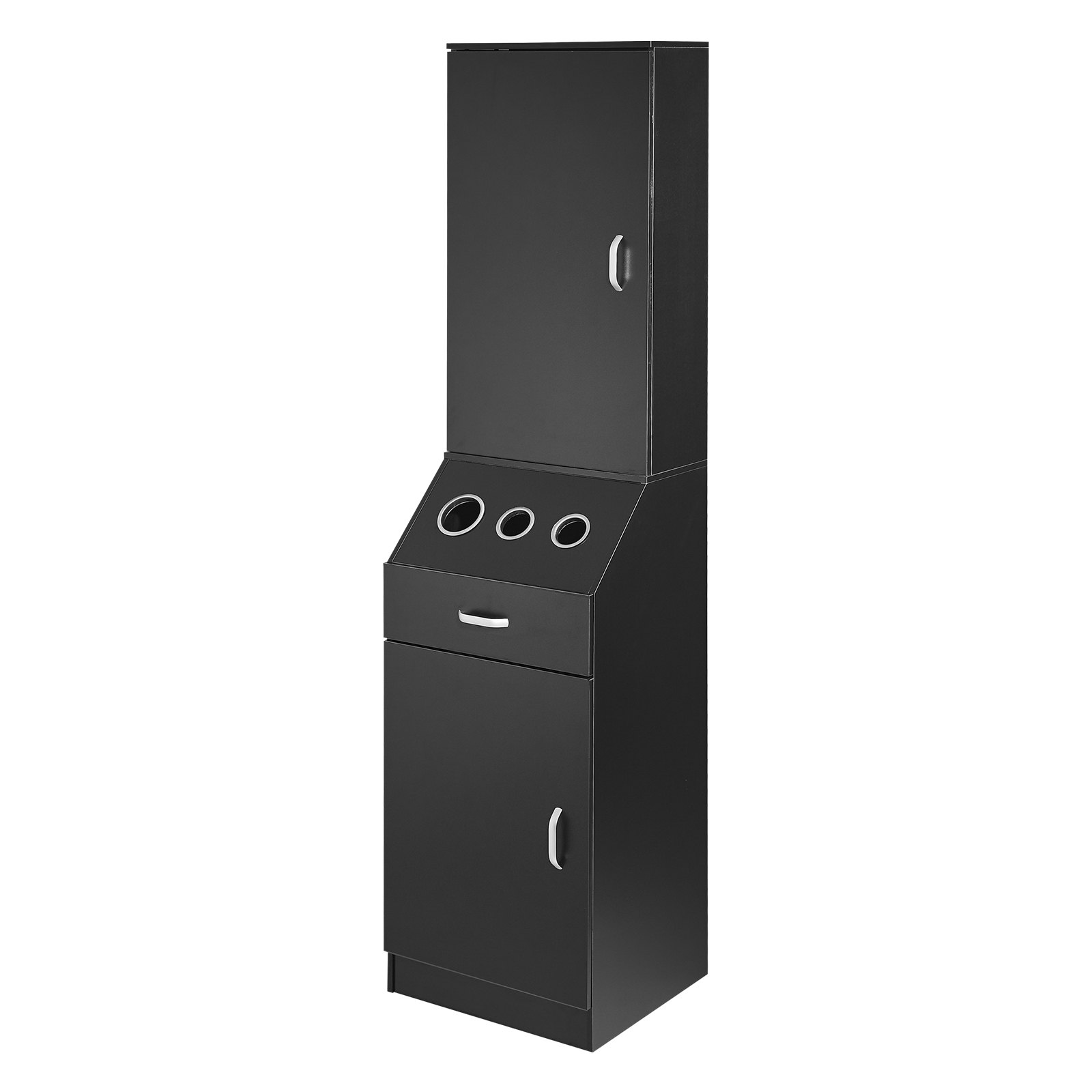Salon Storage Cabinet, Barber Salon Station For Hair Stylist, Hair Stylist Station Set, With 3 Hair Dryer Holders, Cabinets, And A Drawer, Black