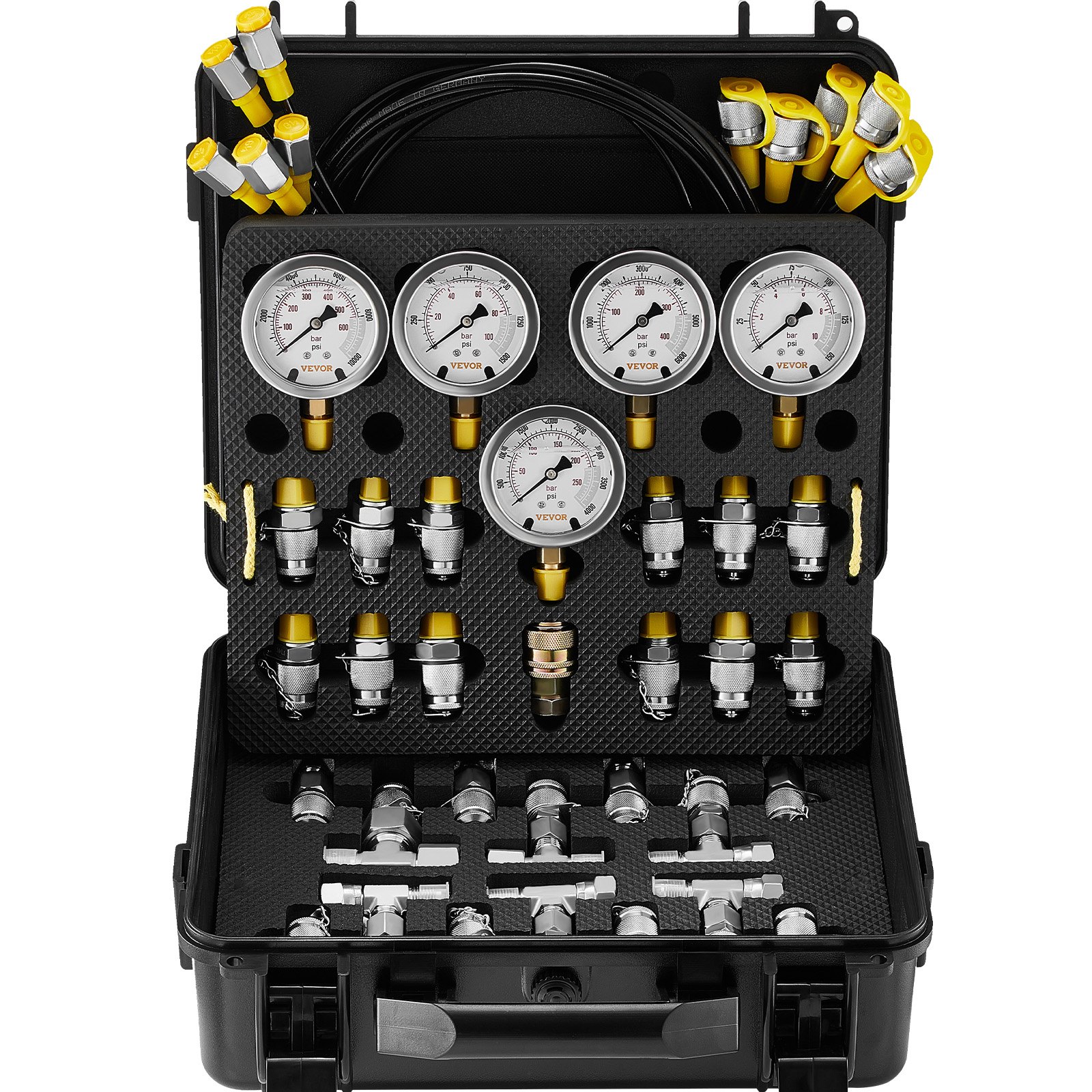 Main product image of Hydraulic Test Kit, 5 Gauges, 10-600 bar, 13 Couplings, 14 Tees, 5 Hoses, Case