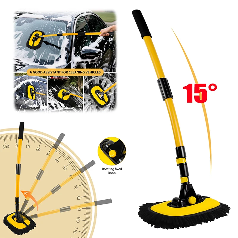 Car Wash Brush 15 Degree Adjustable Long Handle with 2 Microfiber Heads, 55-Inch Telescopic Cleaning Tool Soft Scrubber for Truck, SUV, Motorcycle