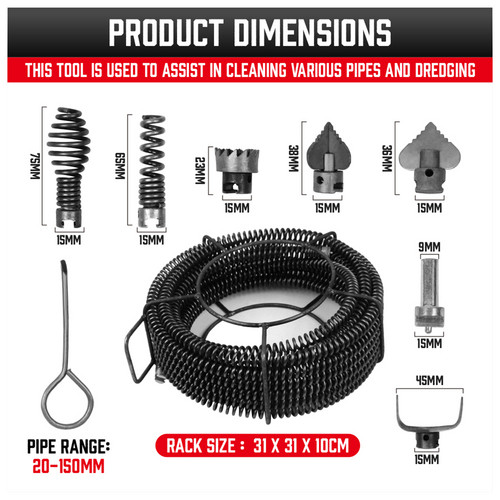 Main product image of Drain Snake Pipe Cleaner, 12M, with 7-Piece Drill Bit Set