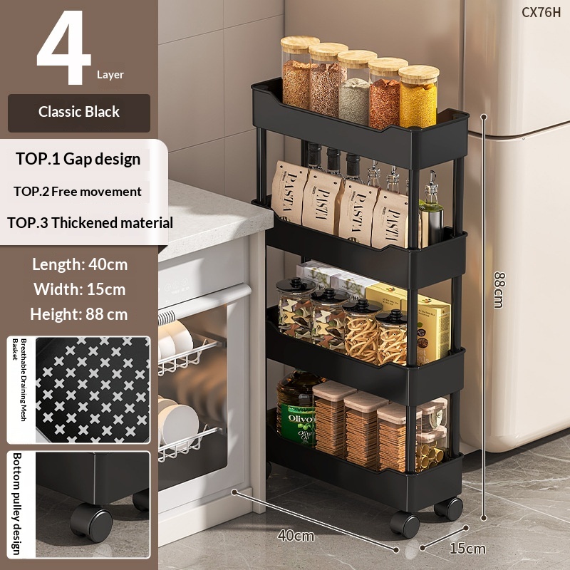 Ultra-Narrow Floor-Standing Kitchen Shelf With Wheels For Refrigerator Sides, Home Use For Bathroom Storage Carts