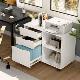 Product image of 3-Drawer Rolling Wood File Cabinet & Printer Stand with Open Shelves, White