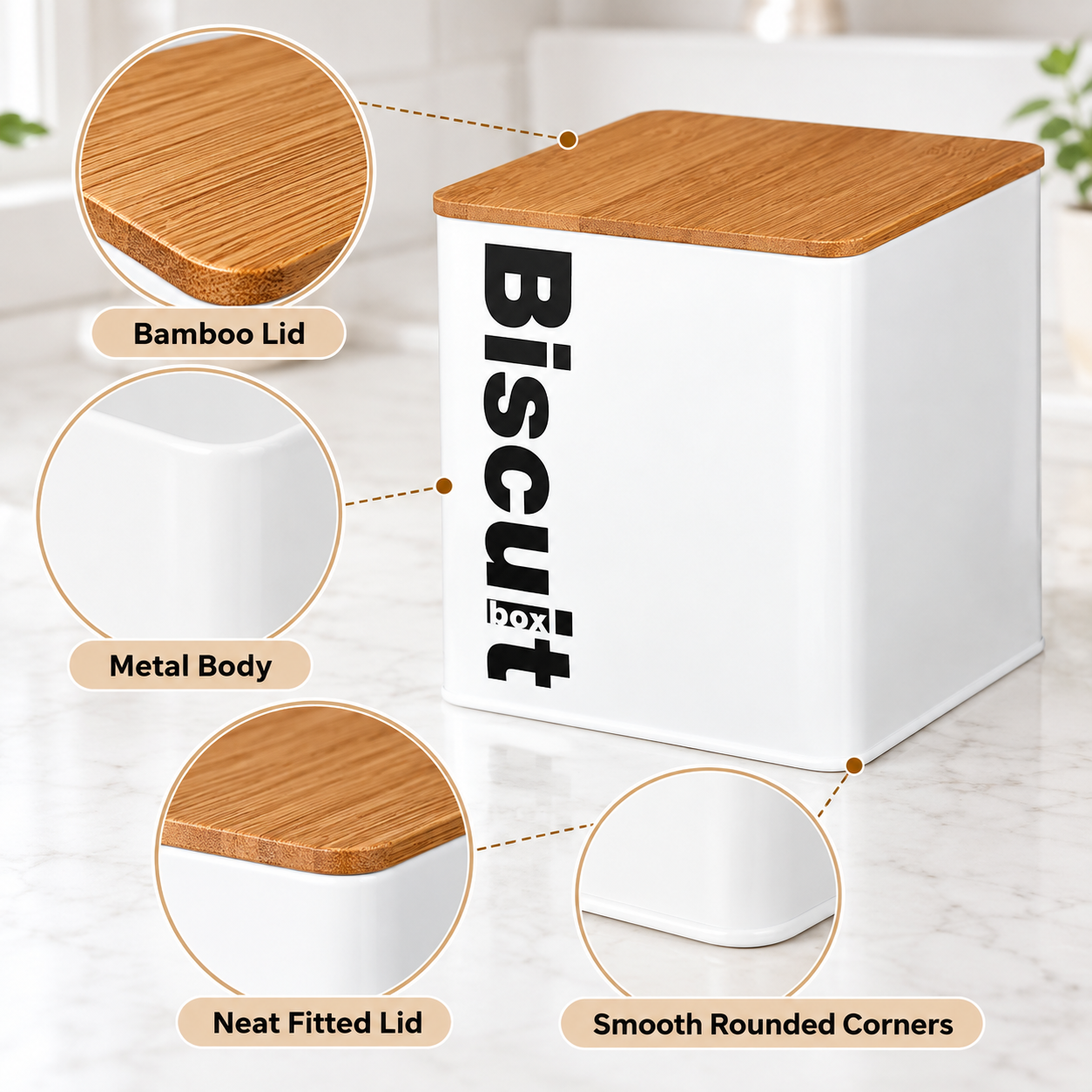 Main product image of White Metal Square Storage Container, Bamboo Lid