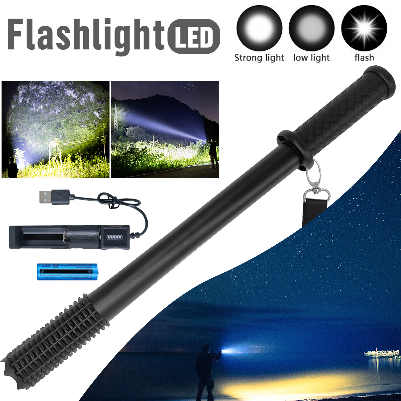 Baseball LED Flashlight Rechargeable Torch Spotlight Emergency Security Work Light 3 Lighting Modes
