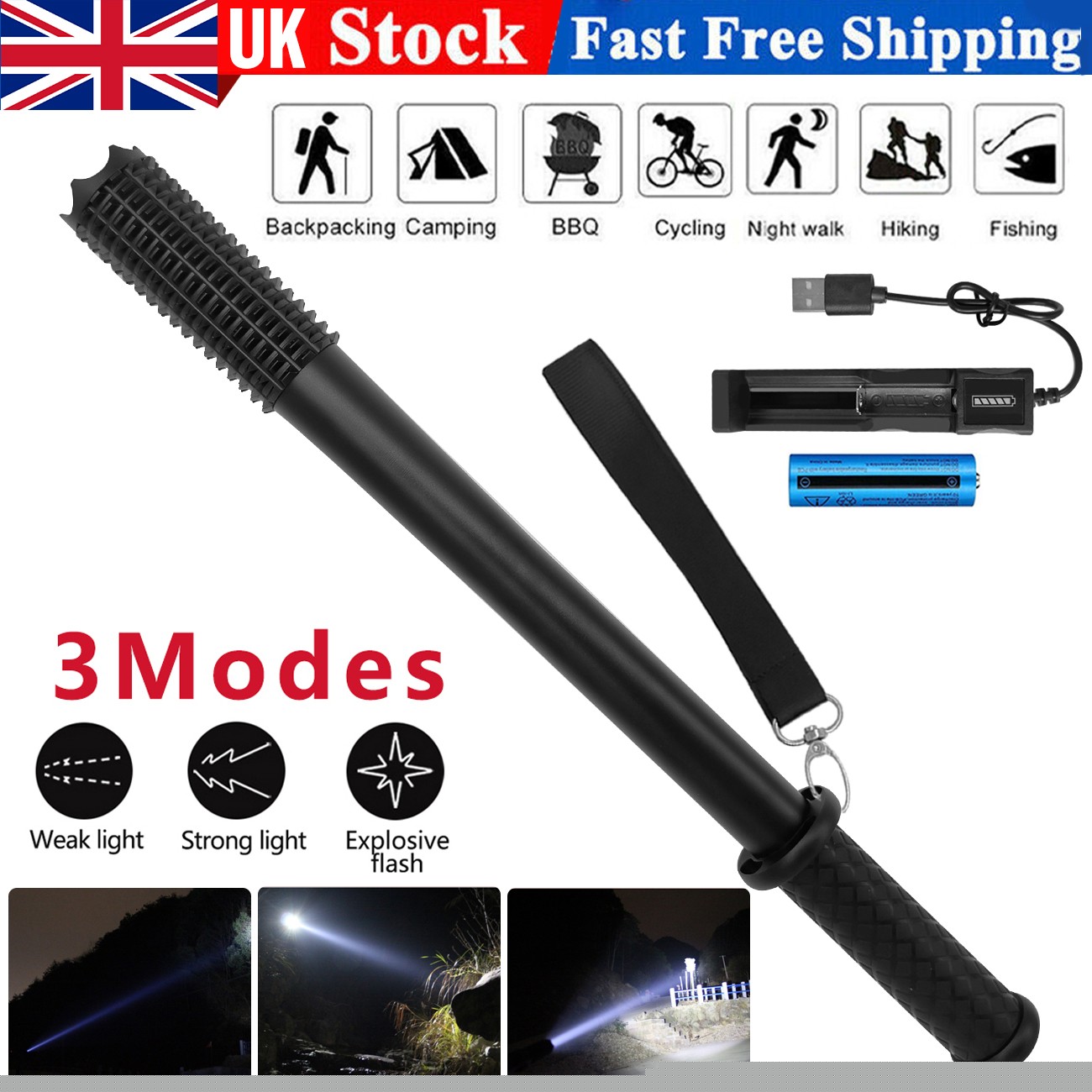 Baseball LED Flashlight Rechargeable Torch Spotlight Emergency Security Work Light 3 Lighting Modes