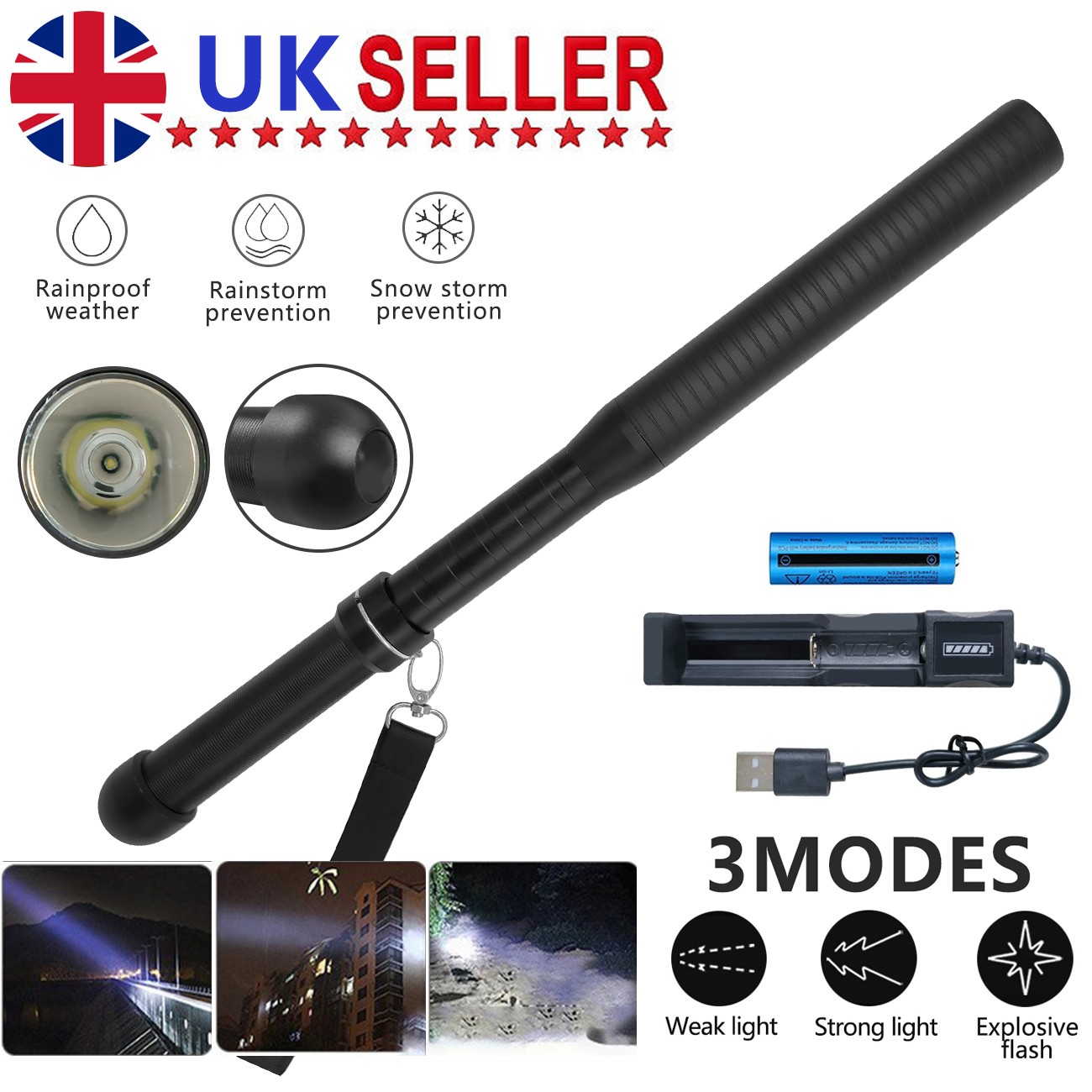 Baseball LED Flashlight Rechargeable Torch Spotlight Emergency Security Work Light 3 Lighting Modes