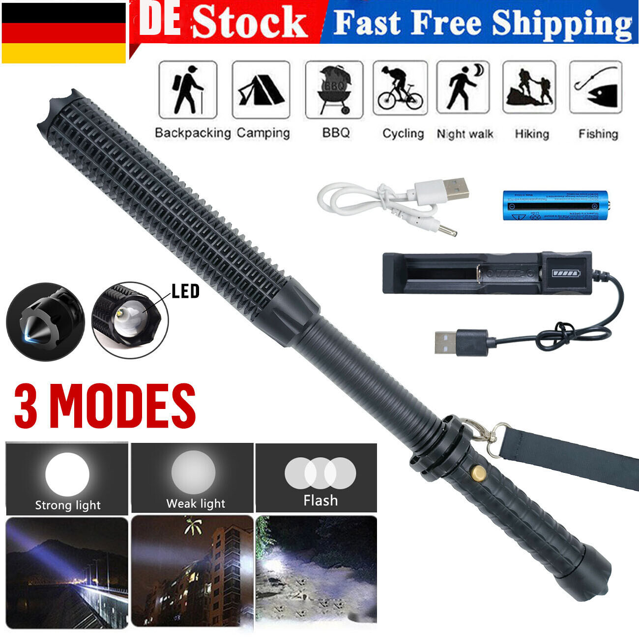 LED Flashlight Zoom Rechargeable Torch Spotlight Emergency Security Work Light 3 Lighting Modes Camping Lamp