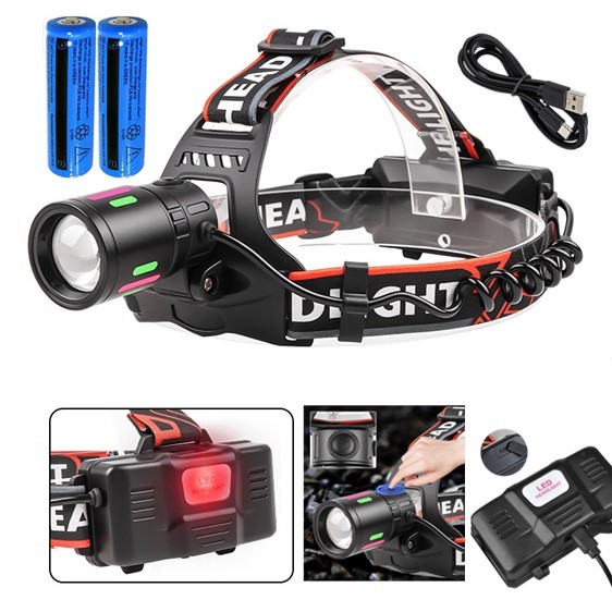 LED Headlamp USB Rechargeable Head Torch Zoom Headlight Lamp Super Bright Flashlight Work Light 3 Modes With Li-ion Batteries