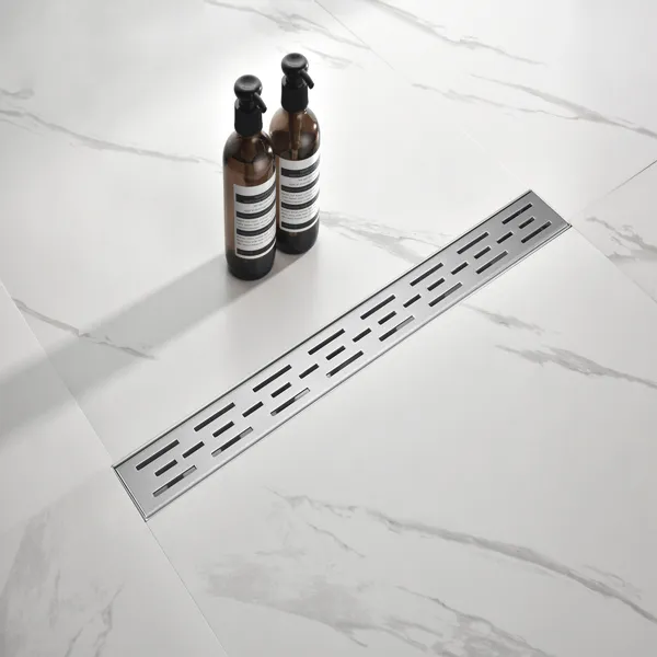 24 Inch Linear Shower Drain With Removable Brick Patterned Grate Cover, 304 Stainless Steel Shower Floor Drain With Hair Strainer And Leveling Feet
