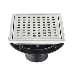 6 Inch Square Shower Drain With Removable Square Patterned Grate, 304 Stainless Steel With Flange And Hair Strainer, Brushed Nickel