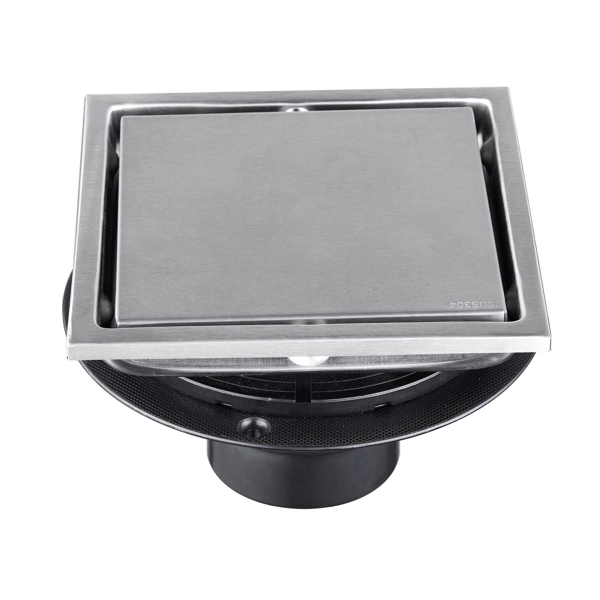 6 Inch Square Shower Drain With 2-in-1 Flat & Tile Insert Removable Cover, 304 Stainless Steel With Flange And Hair Strainer, Brushed Nickel