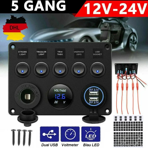 Main product image of 12V/24V 5-Gang LED Rocker Switch Panel with Voltmeter and Dual USB