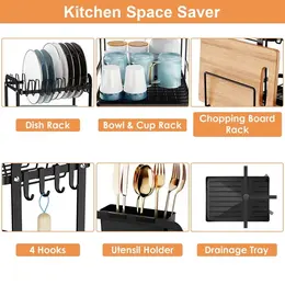 Black Flat Iron Plate And Bowl Rack With Cup Holder For Kitchen Storage