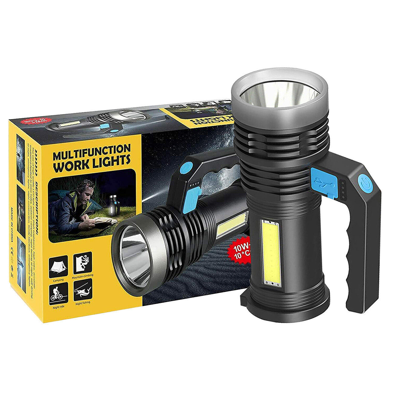 LED Flashlight Tactical USB Rechargeable Torch COB Work Light For Camping