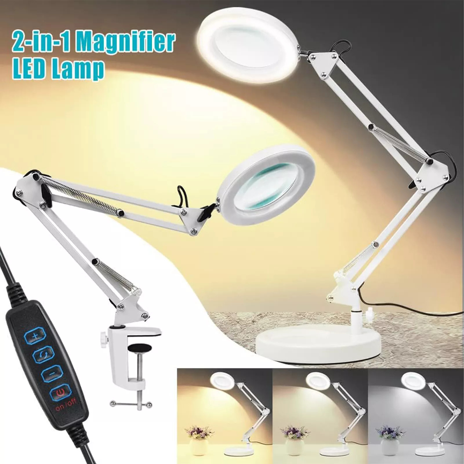 Main product image of 10X Magnifying Glass Desk Lamp with LED, Base, and Clamp