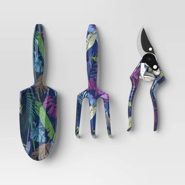 Main product image of 3-Piece Gardening Tool Set – Dark Palm Banana Tropical Blue – Includes Spade, Cultivator & Bypass Pruner