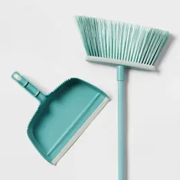 Product image of Angle Floor Broom with Clip-on Dust Pan Set, Steel Handle, Soft Grip, Hanging Loop