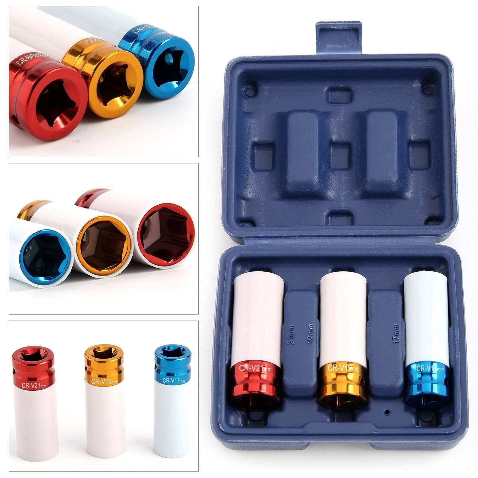 Alloy Wheel Nut Socket Thin Wall Deep Impact Socket Kit 17mm 19mm 21mm 1 2 Drive