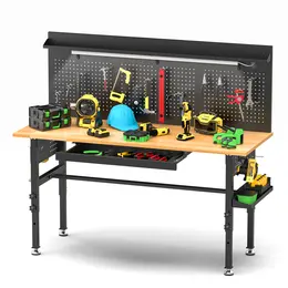 60in Adjustable Workbench, Drawers, Wood Top, 2000 Lbs, Power Outlet, LED, Casters/Feet