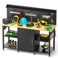 60-inch Workbench with Storage Cabinet, Wooden Top, 2000 lb Capacity, Pegboard, Power Outlet