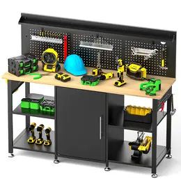 60-inch Workbench with Storage Cabinet, Wooden Top, 2000 lb Capacity, Pegboard, Power Outlet