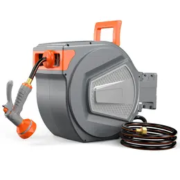 Auto Rewind Retractable Hose Reel, Wall Mounted With 180degree   Swivel, Multi-Function Spray Nozzle For Outdoor Watering