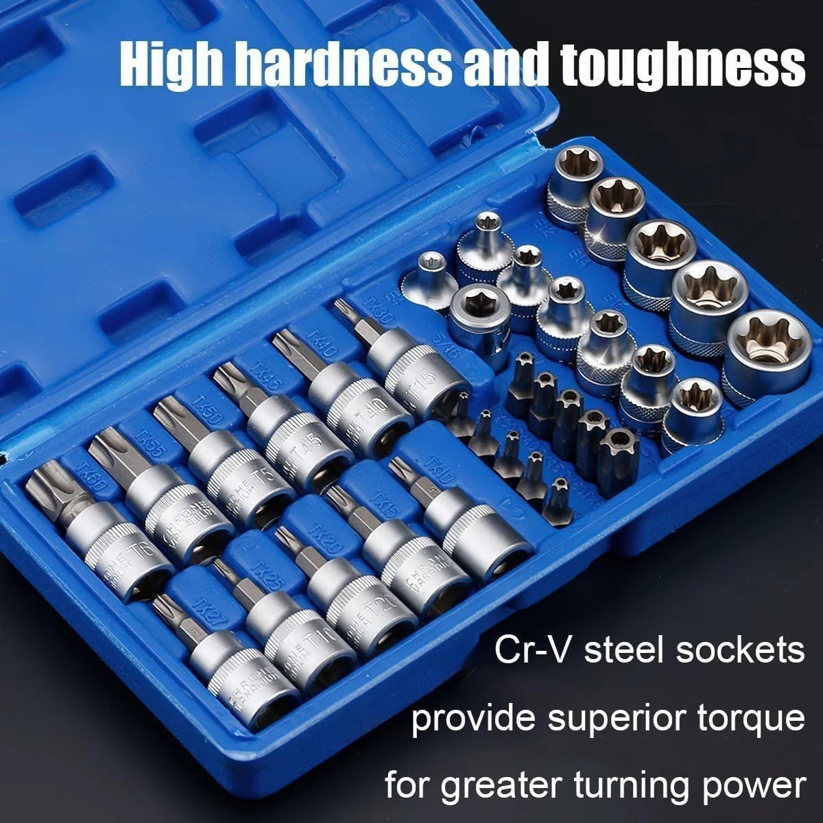 34pcs Torx Star Socket & Bit Set Male Female E & T Sockets Torx Bits With Case