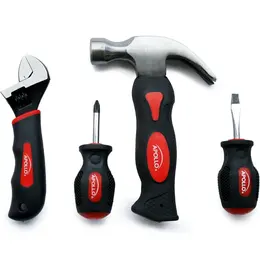 Apollo Tools 4 Piece Stubby Tool Set Mini Hammer Screwdriver And Wrench Red