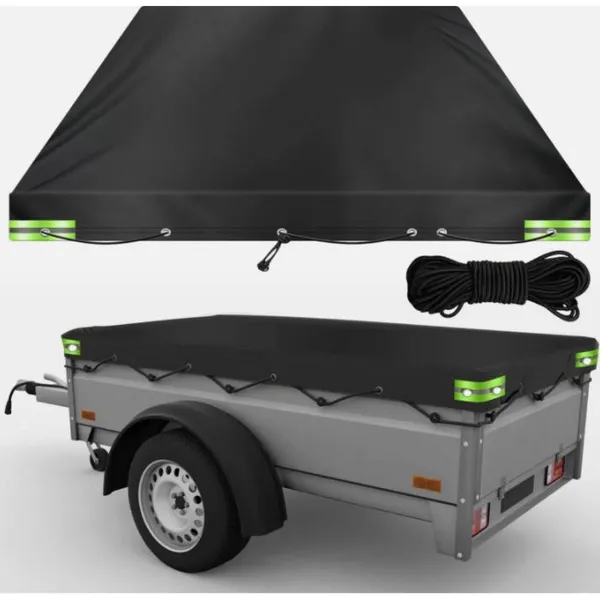 Trailer Cover Tarp Waterproof 208x114x9cm Black 420D Oxford Cloth Reflective Strip UV Protection