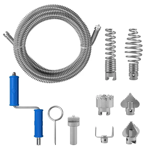 Powerful 12MM 7-Piece Pipe Drain Snake Auger Kit With Heavy-Duty Cutter Heads | All-in-One Clog Remover Tool Set For Sink, Tub & Shower Drain Cleaning