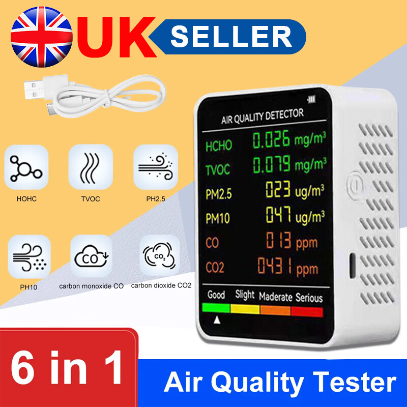 Main product image of 6-in-1 Air Quality Monitor for CO2, HCHO, CO, TVOC, PM2.5, PM10