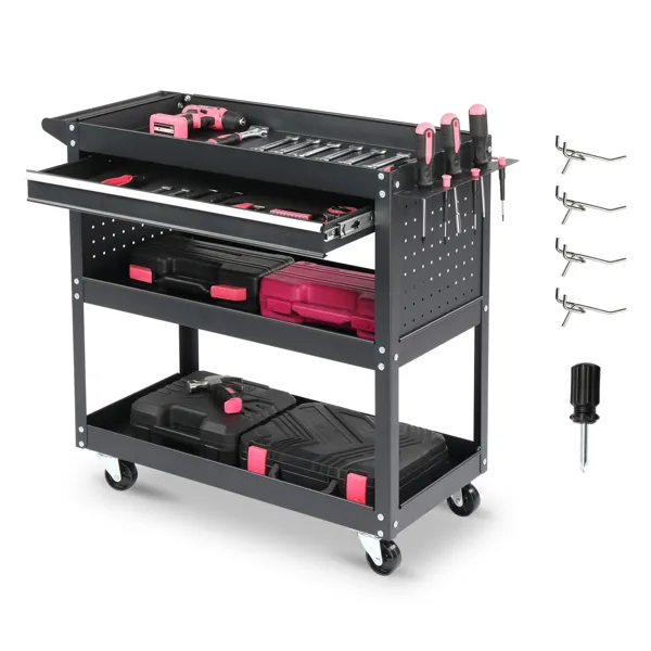 Main product image of 3-Tier Rolling Tool Cart, Metal Heavy Duty Utility Cart on Wheels with Pegboard & Drawer & 4 Hooks, 330 lb Load Large Storage Capability Tool Cart for Garage Warehouse Repair Shop, Black