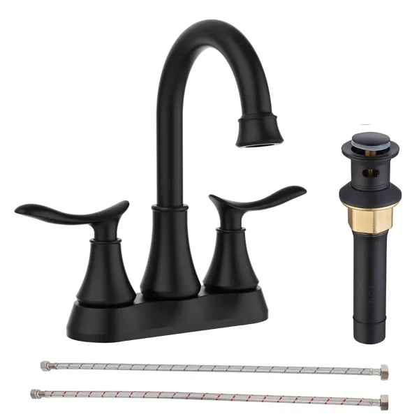 Main product image of Bathroom Faucet Matt Black with Pop-up Drain & Supply Hoses 2-Handle 360 Degree High Arc Swivel Spout Centerset 6 Inch Vanity Sink Faucet