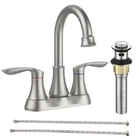 Product image of Bathroom Faucet Brushed Nickel with Pop-up Drain & Supply Hoses Two-Handle 360 Degree High Arc Swivel Spout Centerset 4 Inch Vanity Sink Faucet 4011B-NP
