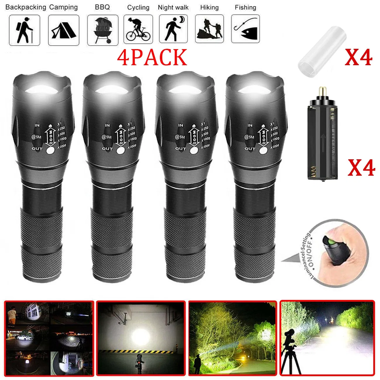 Main product image of 4-Pack USB Rechargeable LED Flashlight, 5-Mode, Adjustable Focus