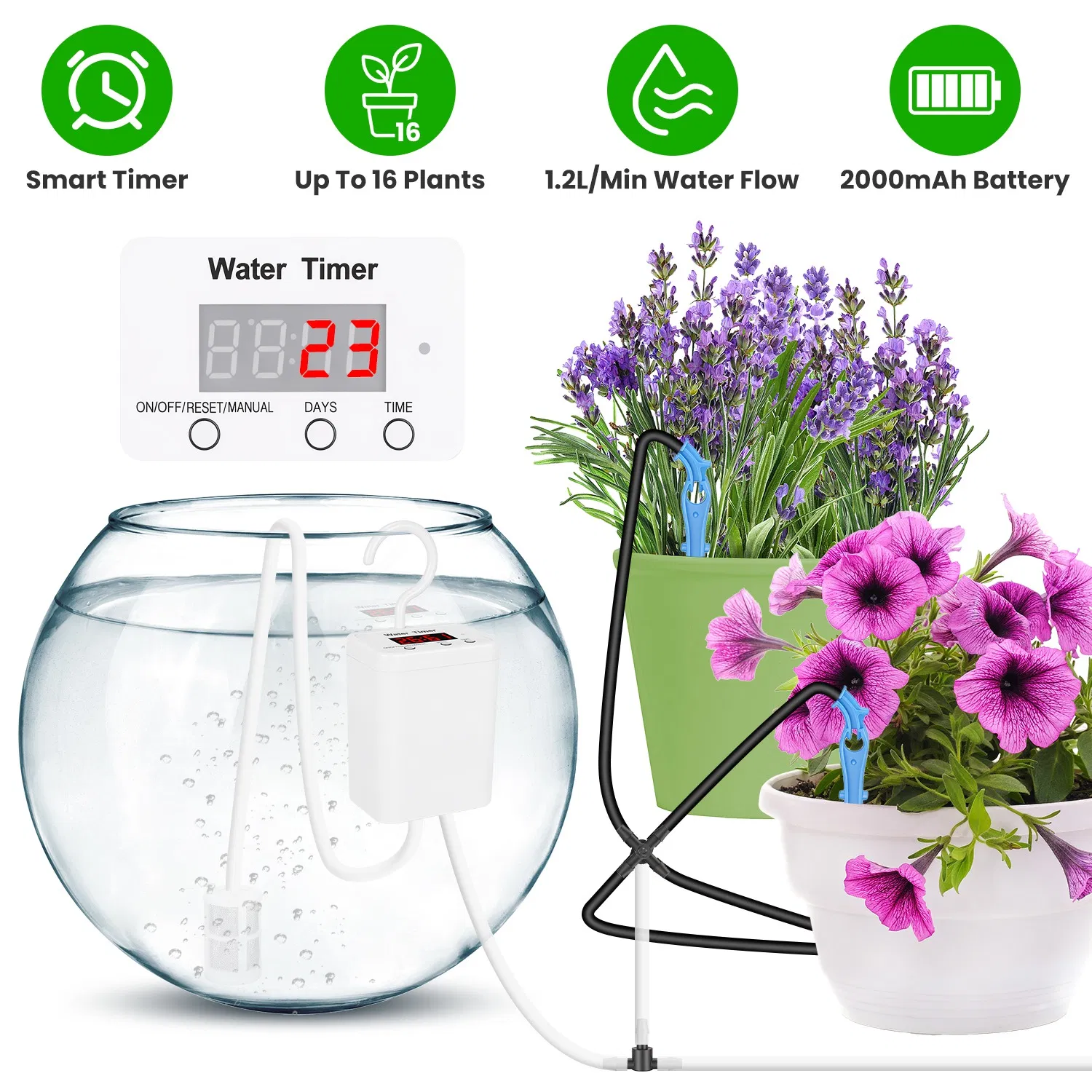 Main product image of Automatic Plant Watering Drip Irrigation Kit, 4W, 16 Drip Emitters, Low Water/Battery Alarm