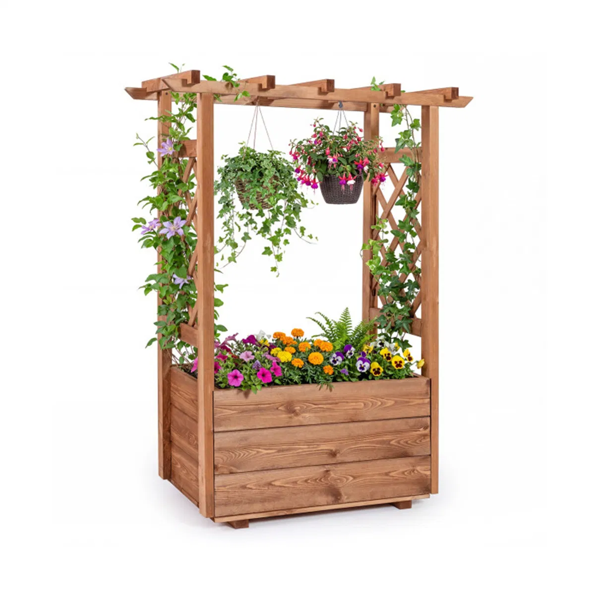 Main product image of Pine Wood Raised Garden Bed with Trellis, Hanging Roof, and Drainage - Orange