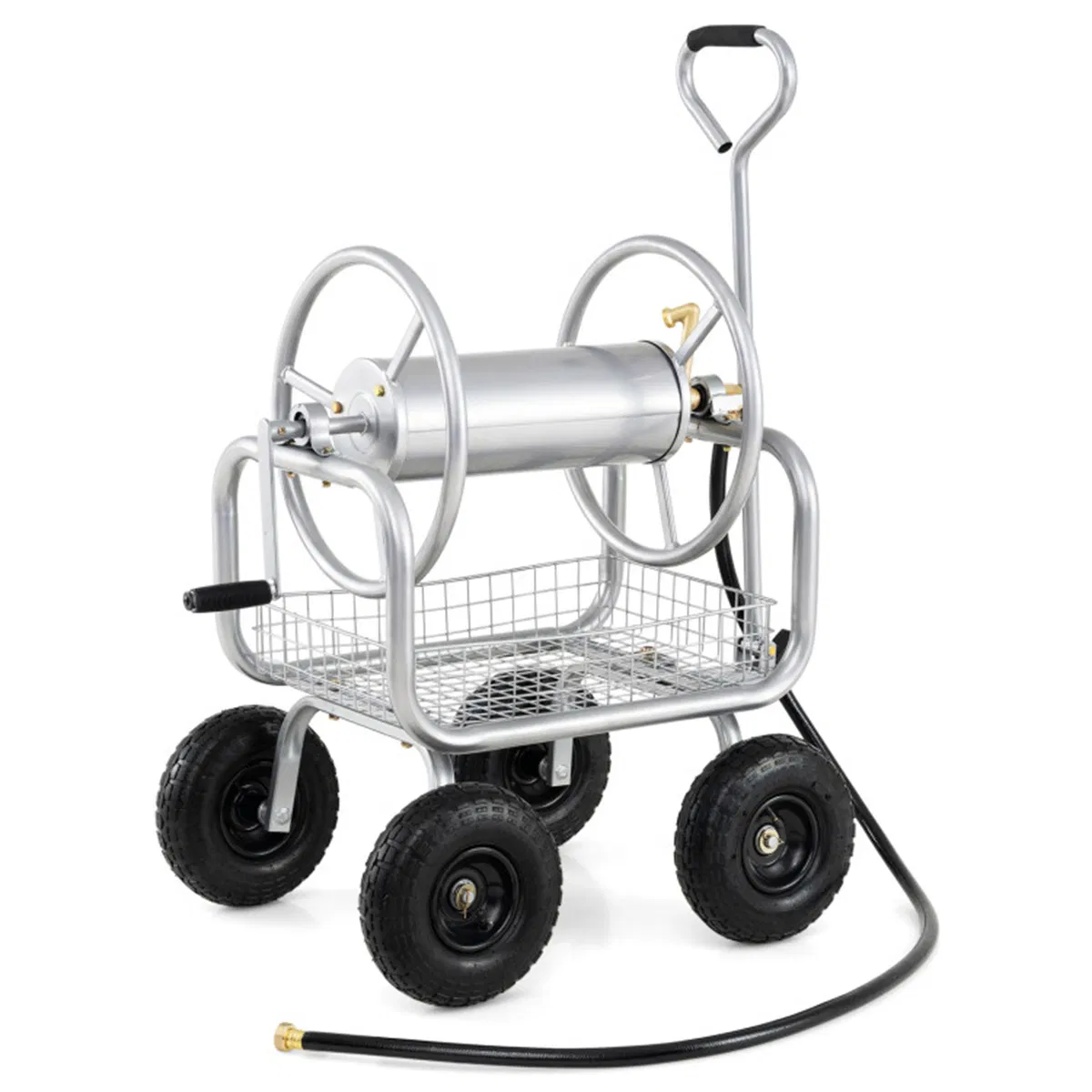 Main product image of Garden Hose Reel Cart, 10" Pneumatic Wheels, Storage Basket, Brass Fittings - Silver