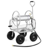 Product image of Garden Hose Reel Cart, 10" Pneumatic Wheels, Storage Basket, Brass Fittings - Silver