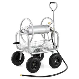 Product image of Garden Hose Reel Cart, 10" Pneumatic Wheels, Storage Basket, Brass Fittings - Silver