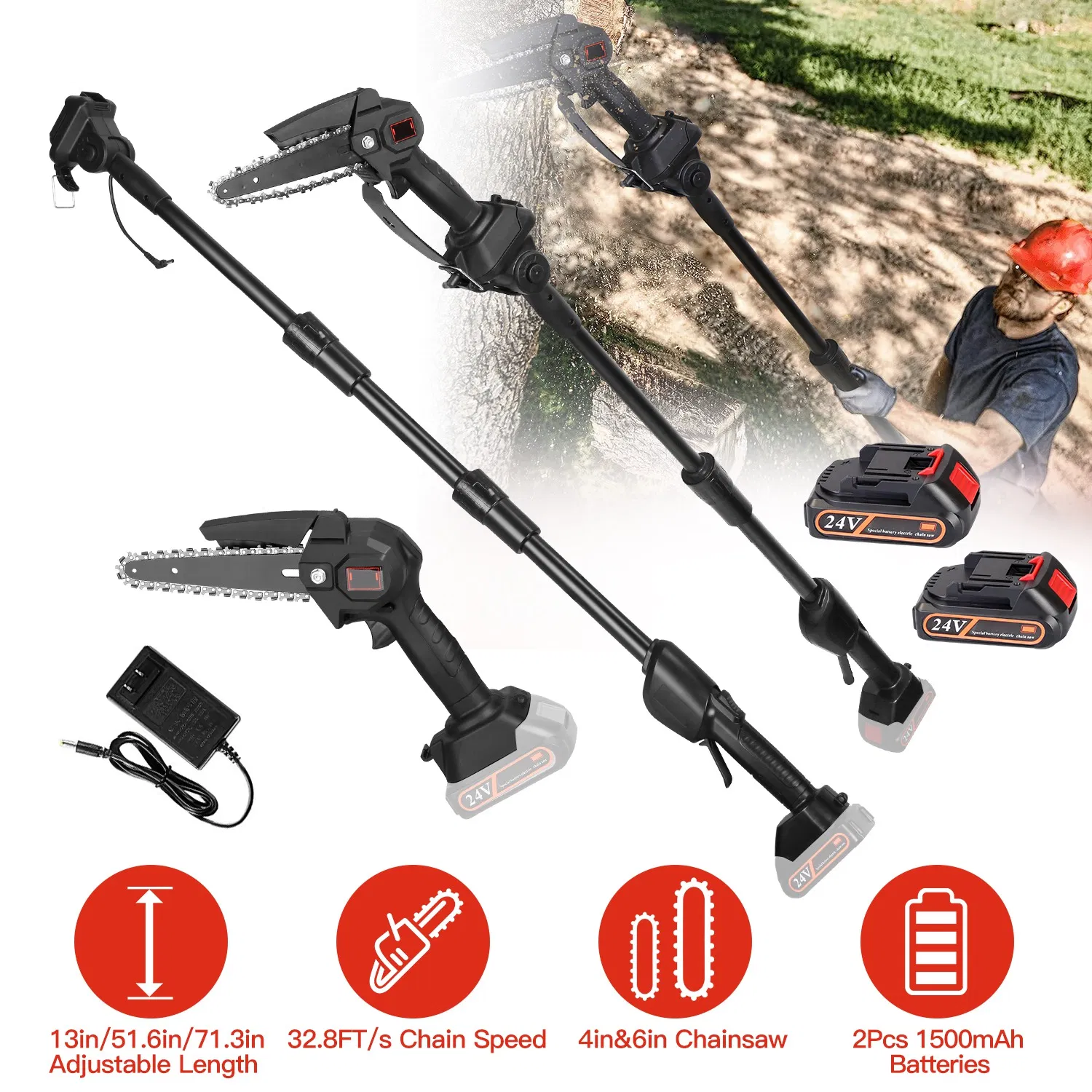 Main product image of Brushless Cordless Pole Saw and Mini Chainsaw, 2 x 21500mAh Batteries, 13ft Reach